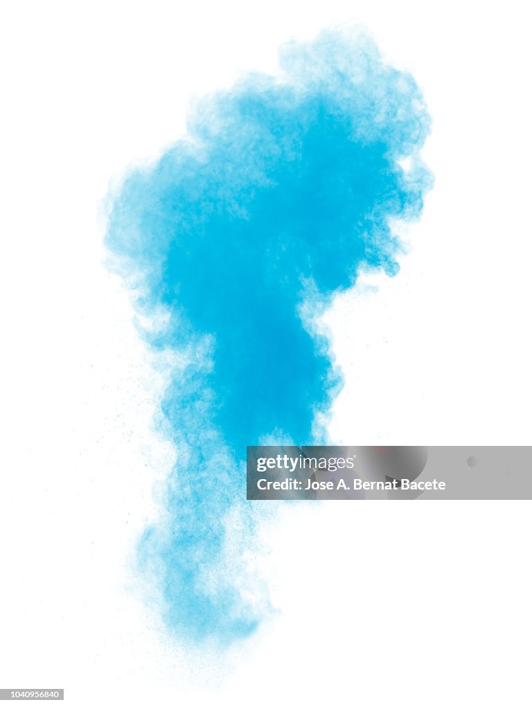 Full frame of forms and textures of an explosion of powder and smoke of color light blue on a white background.