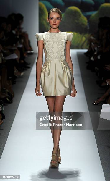 Model walks the runway at the Tibi Spring 2011 fashion show during Mercedes-Benz Fashion Week at The Stage at Lincoln Center on September 14, 2010 in...