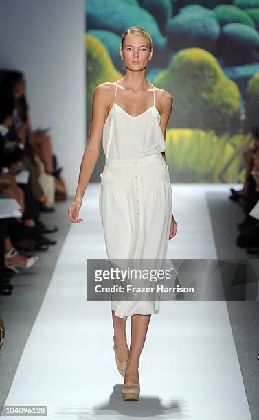 Model walks the runway at the Tibi Spring 2011 fashion show during Mercedes-Benz Fashion Week at The Stage at Lincoln Center on September 14, 2010 in...