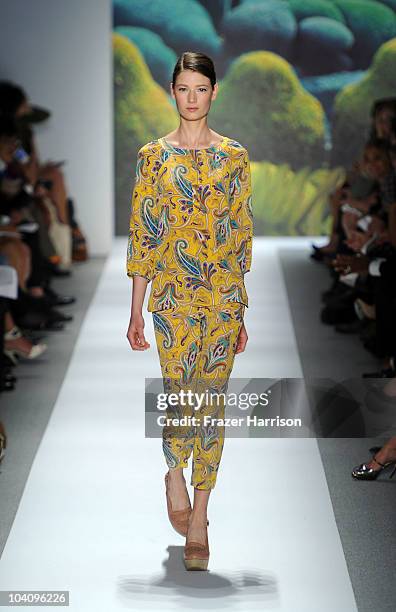 Model walks the runway at the Tibi Spring 2011 fashion show during Mercedes-Benz Fashion Week at The Stage at Lincoln Center on September 14, 2010 in...