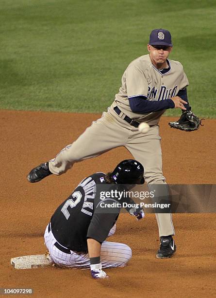 Second baseman David Eckstein of the San Diego Padres turns a double play over Troy Tulowitzki of the Colorado Rockies to end the fourth inning at...