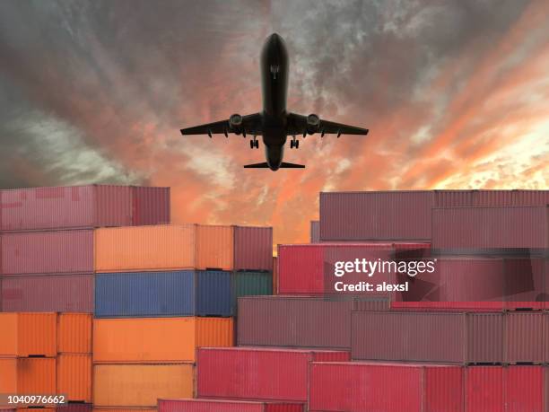 cargo container global shipping airplane - trade tariff stock pictures, royalty-free photos & images