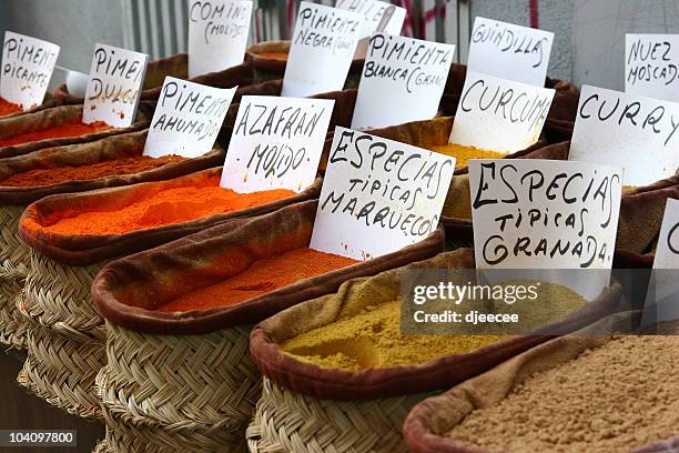 spices in andalousia shop, spain - granada spanje stockfoto's en -beelden