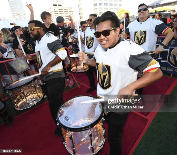 Members of the Vegas Golden Knights Knight Line Drumbots perform as they arrive at the Vegas Golden Knights Fan Fest at the Downtown Las Vegas Events...