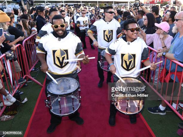 Members of the Vegas Golden Knights Knight Line Drumbots perform as they arrive at the Vegas Golden Knights Fan Fest at the Downtown Las Vegas Events...