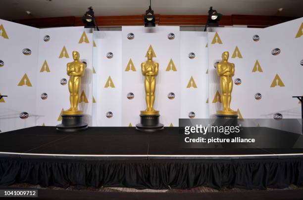 Three oscar statues are seen in the press room of the 87th Academy Awards, Oscars, at Dolby Theatre in Los Angeles, USA, on 22 February 2015. Photo:...