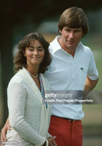 English professional golfer Nick Faldo pictured with his wife Melanie during competition in the 1981 Masters Tournament at Augusta National Golf Club...