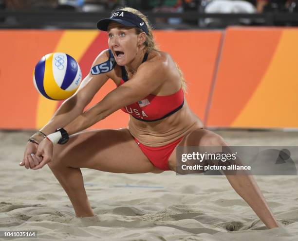 Kerri Walsh Jennings of the USA in action during the Women's Beach Volleyball Bronze Medal Match between between Larissa / Talita of Brazil and Walsh...