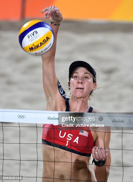 Kerri Walsh Jennings of the USA in action during the Women's Beach Volleyball Bronze Medal Match between between Larissa / Talita of Brazil and Walsh...