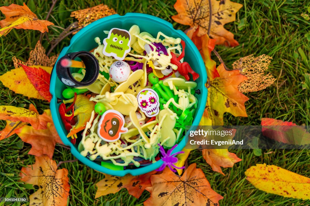 Halloween teal basket with party favors for kids with food allergy