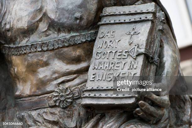 Lettering that reads 'Das Wort Gottes waehret in Ewigkeit' seen on the monument dedicated to landgrave Philip the Magnanimous of Hesse, in Homberg,...