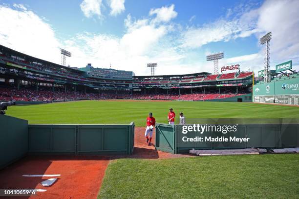 David Price of the Boston Red Sox enters the bullpen to warm up before the game against the Baltimore Orioles at Fenway Park on September 26, 2018 in...