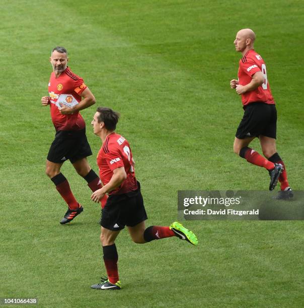 Cork , Ireland - 25 September 2018; Manchester United players, from left, Gary Neville, Ryan Giggs and Nicky Butt prior to the Liam Miller Memorial...