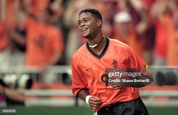 Patrick Kluivert of Holland celebrates during the European Championships 2000 Group D match against France at the Amsterdam ArenA, Amsterdam,...