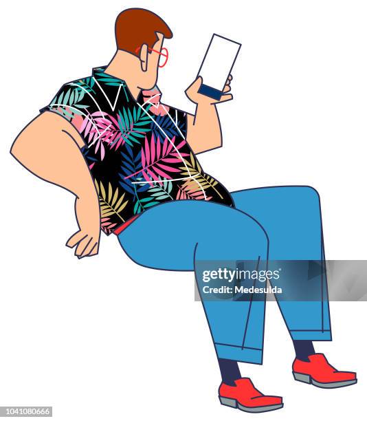 smart phone message man cartoon doodle - hawaiian shirt stock illustrations