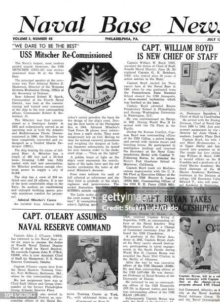 Front cover of Volume 3, number 48, of the 'Naval Base News,' a military news leaflet, with articles focusing on the recommissioning of the USS...