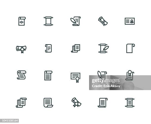 ilustraciones, imágenes clip art, dibujos animados e iconos de stock de rollos y papeles de conjunto de iconos - serie de la línea gruesa - pergaminho