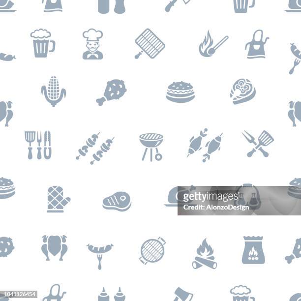 bbq seamless pattern - covered food with wine stock illustrations