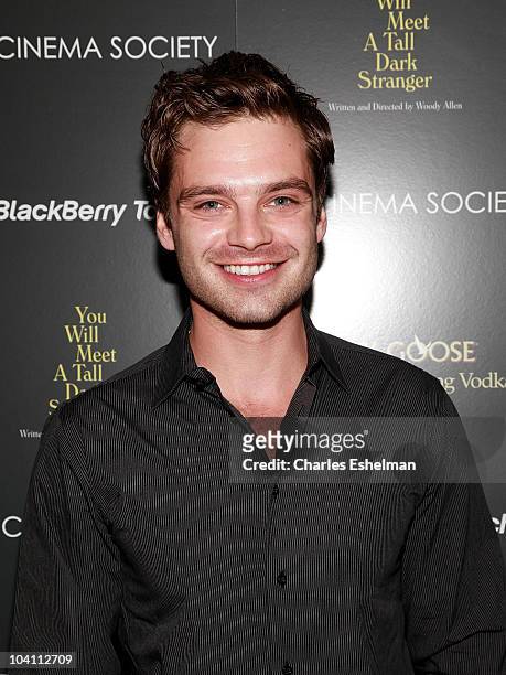 Actor Sebastian Stan attends the The Cinema Society & Blackberry Torch host a screening of "You Will Meet a Tall Dark Stranger" at MoMA on September...