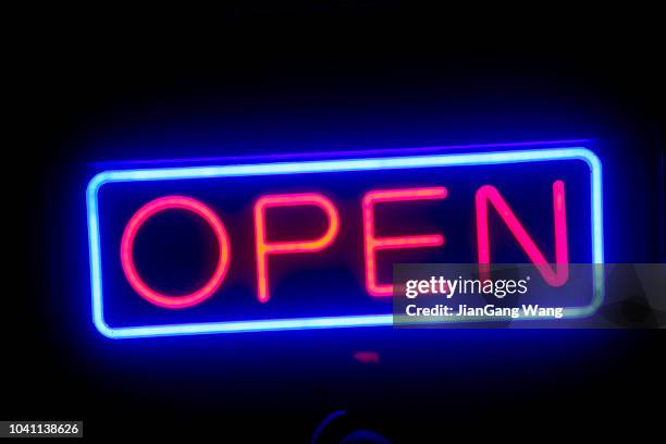 led open sign in the night - open sign stock pictures, royalty-free photos & images