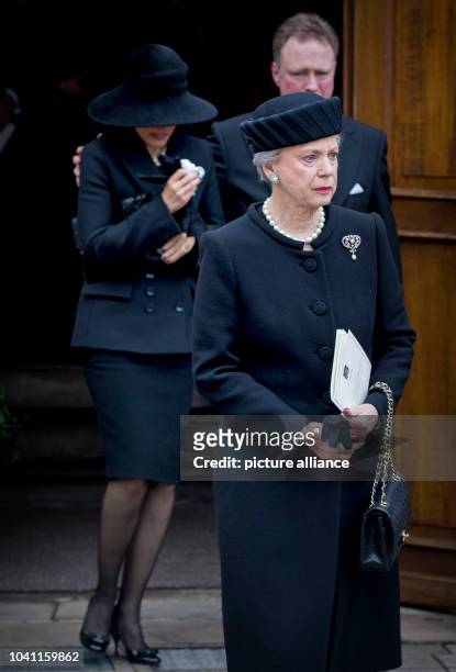 Princess Benedikte, Prince Gustav and Carina Axelsson attend the funeral service of Prince Richard zu Sayn-Wittgenstein-Berleburg at the Evangelische...