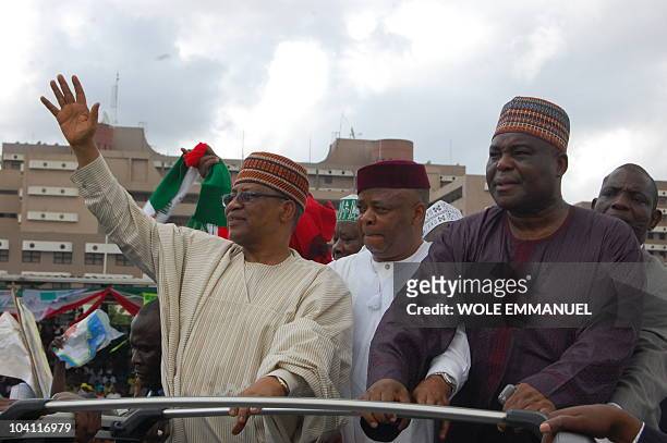 General Ibrahim Babangida , Campaign Director Chief Ken Nnamani and Media guru Chief Raymond Dokepsi participate in a rally on September 15, 2010 on...