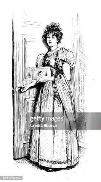 antique engraving illustration: woman entering room - woman entering home stock illustrations