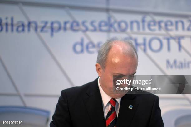 Schott chairman of the board, Udo Ungeheuer, speaks at the financial statement press conference at the company's headquarters in Mainz, Germany, 20...