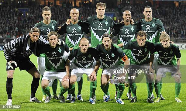 The players of Werder Bremen Austrian striker Marko Arnautovic, French defender Mikael Silvestre, Austrian defender Sebastian Proedl, Brazilian...