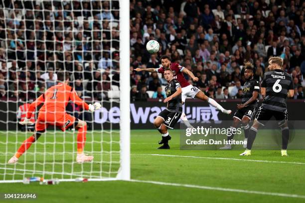 Ryan Fredericks of West Ham United scores his sides fourth goal during the Carabao Cup Third Round match between West Ham United and Macclesfield...
