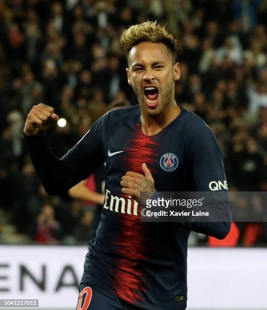 Neymar Jr of Paris Saint-Germain celebrate his goal during the French Ligue 1 match between Paris Saint Germain and Stade Reims on September 26, 2018...