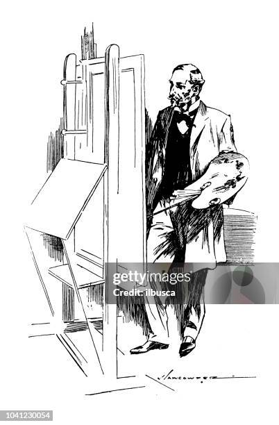 antique engraving illustration: painter - painter studio stock illustrations
