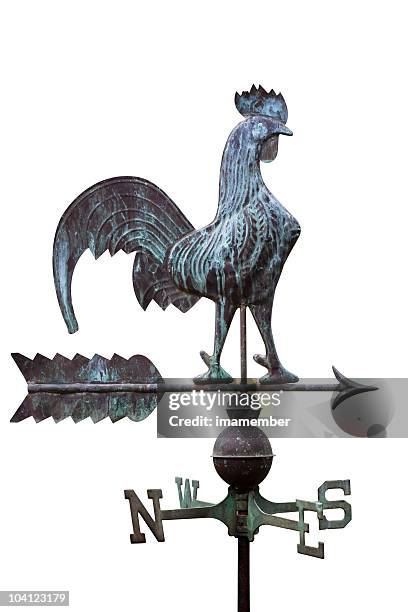 copper rooster weathervane isolated on white background - weather vane stock pictures, royalty-free photos & images