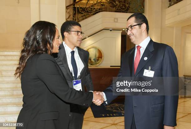 Isabel dos Santos, Sindika Dokolo, and Sultan Ahmed Al Jaber meet before a roundtable discussion on Business Evolution In Energy at Bloomberg Global...