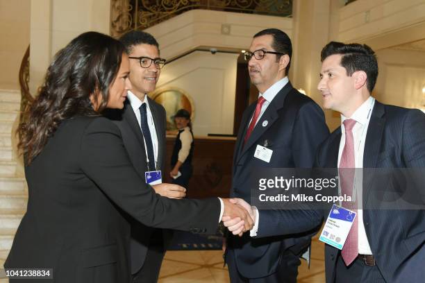 Isabel dos Santos, Sindika Dokolo, Sultan Ahmed Al Jaber, and Omar Zaafrani meet before a roundtable discussion on Business Evolution In Energy at...