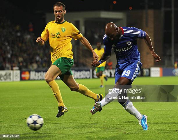 Nicolas Anelka of Chelsea scores their second goal during the UEFA Champions League Group F match between MSK Zilina and Chelsea at the Pod Dubnom...