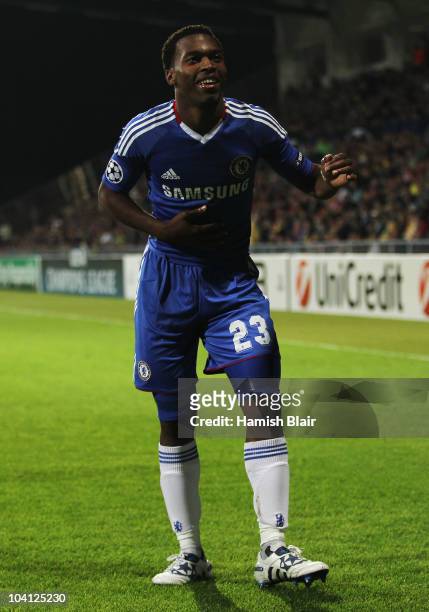 Daniel Sturridge of Chelsea celebrates as he scores their fourth goal during the UEFA Champions League Group F match between MSK Zilina and Chelsea...