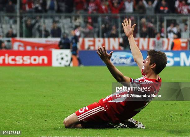 Thomas Mueller of Bayern celebrates his first goal during the UEFA Champions League group E match between FC Bayern Muenchen and AS Roma at Allianz...