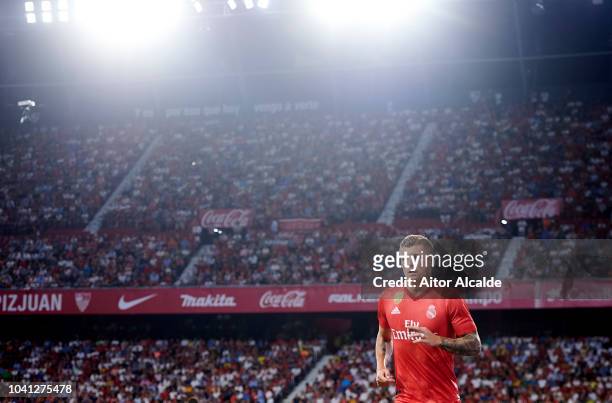 Toni Kroos of Real Madrid reacts during the La Liga match between Sevilla FC and Real Madrid CF at Estadio Ramon Sanchez Pizjuan on September 26,...
