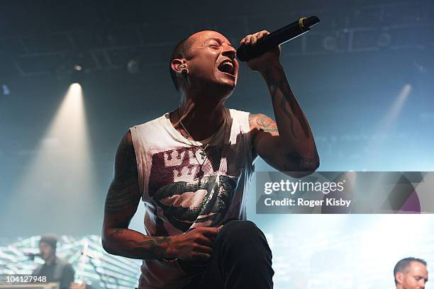 Chester Bennington of Linkin Park performs songs from their new album, A Thousand Suns onstage at the unveiling of the new Best Buy Theater on...