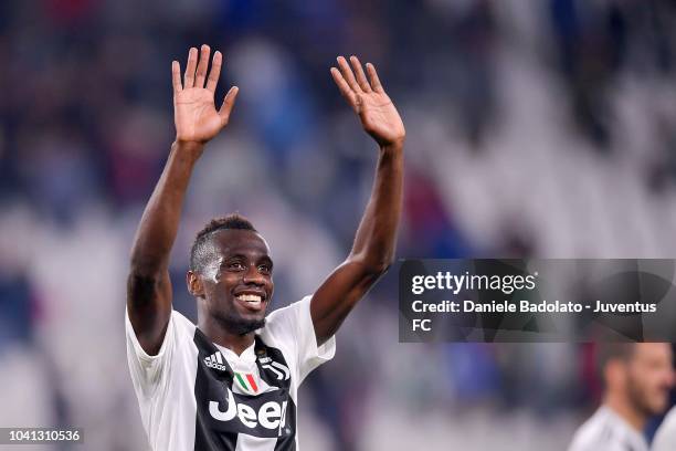 Blaise Matuidi of Juventus celebrates the victory at the end of the serie A match between Juventus and Bologna FC on September 26, 2018 in Turin,...