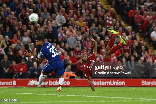 Daniel Sturridge of Liverpool scores the first goal during the Carabao Cup Third Round match between Liverpool and Chelsea at Anfield on September...