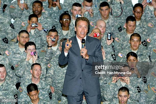 California Governor Arnold Schwarzenegger meets with U.S. Troops and their families for a rally with the troops at the U.S. Army Garrison Yongsan on...