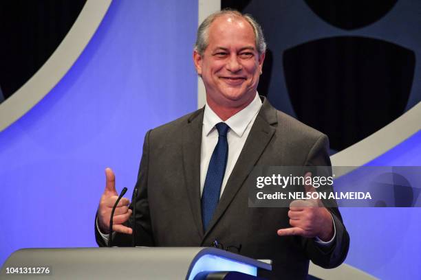 Brazilian presidential candidate for the Democratic Labour Party , Ciro Gomes, gestures during the presidential debate ahead of the October 7 general...