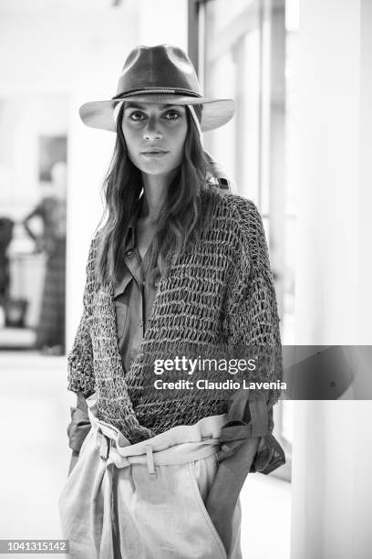 Model is seen at the Brunello Cucinelli during Milan Fashion Week Spring/Summer 2019 on September 19, 2018 in Milan, Italy.