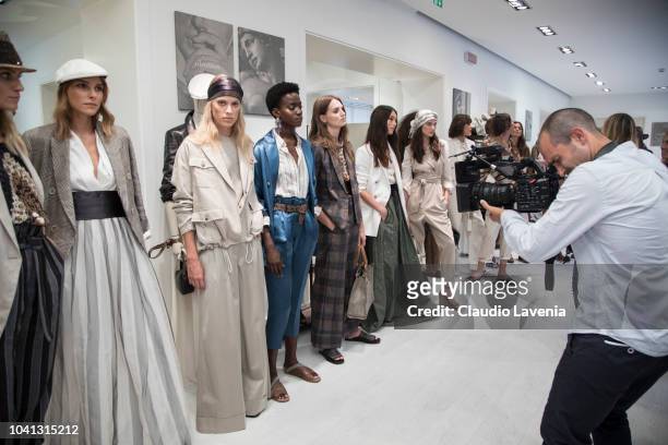 Models are seen at the Brunello Cucinelli during Milan Fashion Week Spring/Summer 2019 on September 19, 2018 in Milan, Italy.