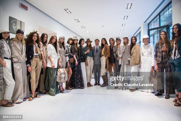 Brunello Cucinelli and models are seen at the Brunello Cucinelli presentation during Milan Fashion Week Spring/Summer 2019 on September 19, 2018 in...
