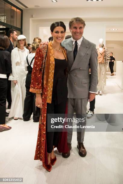 Giulia Bevilacqua and Brunello Cucinelli are seen at the Brunello Cucinelli presentation during Milan Fashion Week Spring/Summer 2019 on September...