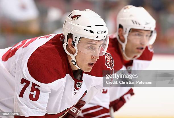 Michael Stone of the Phoenix Coyotes during the NHL Rookie game against the Los Angeles Kings at Jobing.com Arena on September 14, 2010 in Glendale,...