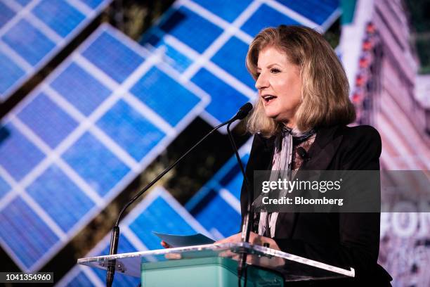 Arianna Huffington, chief executive officer of Thrive Global Holdings Inc., speaks during the One Planet Summit in New York, U.S., on Wednesday,...